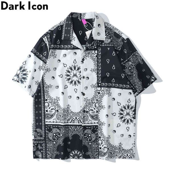 

dark icon black white color contrast bandana shirt men street fashion polo hawaiian s man 210721, White;black