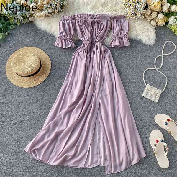

chic bandeau lace up long holiday dress high waist hip split design a line vestido puff short sleeve purple ropa 210422, Black;gray