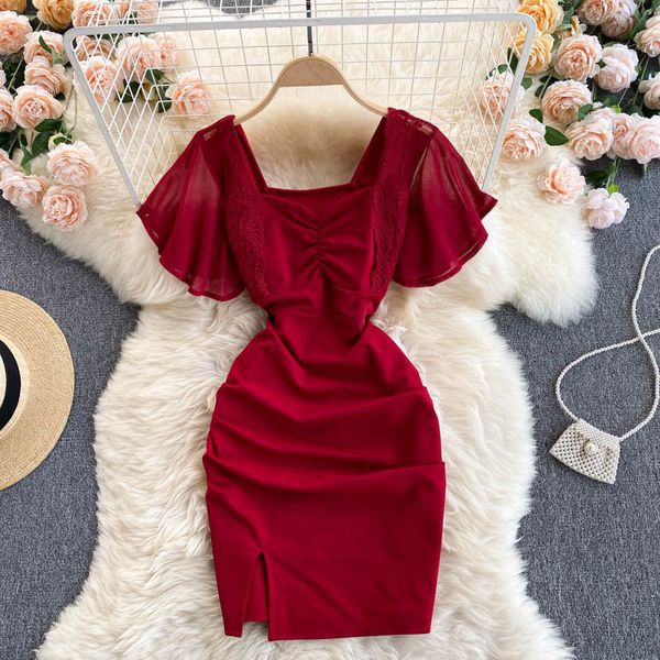 

two piece dress summer women 2021 fashion chiffon patchwork short sleeve floral lace spliced square collar high waist mini party 7, White