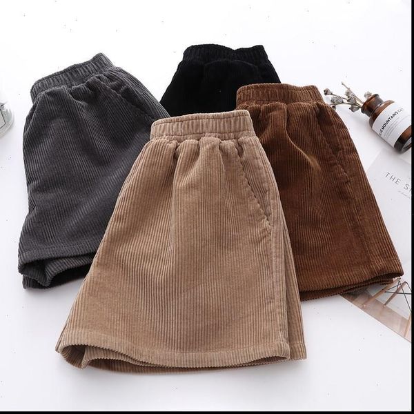 

women womens short autumn winter solid color corduroy shorts female high waist wide legs ladies elastic d347, White;black