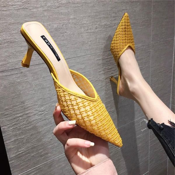 

dress shoes 2021 mesh slippers women summer fashion knitted elastic pointed slides spike heels beige mules high, Black