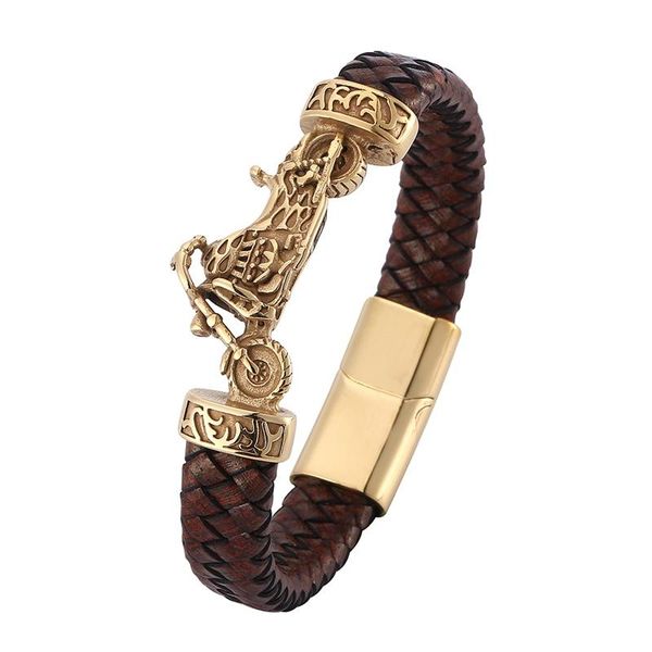 

punk jewelry men golden stainless steel motorcycle brown braided leather bracelet magnet buckle male wristband party gift pd0753 charm brace, Golden;silver