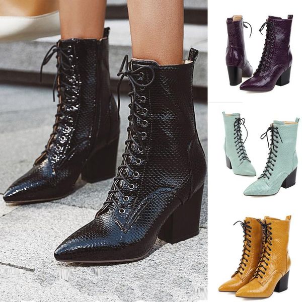 

womens leather lace-up pointed toe thick heel comfortable non-slip shoes boots, Black