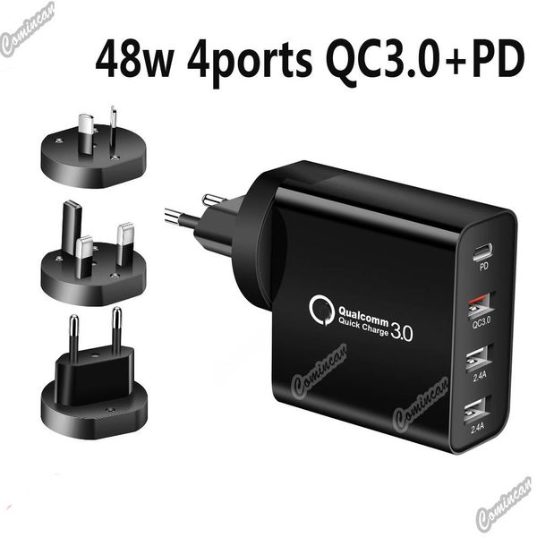 Caricabatterie super veloce PD 48W Tipo C Caricatore 4 porte USB per telefono 11 12 S22 S23 S24 nota 20 Tablet QC 3.0 Caricatore rapido US EU AU UK Plug Adapter