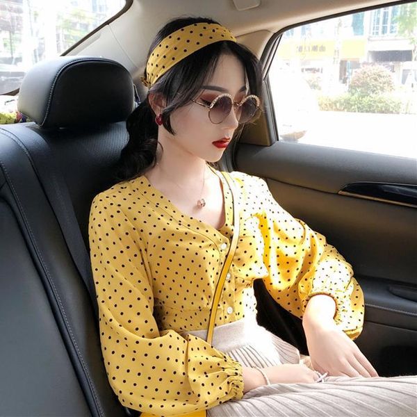 

fashion women polka dot print blouse shirts office lady casual v-neck lantern sleeve blouses vintage female chic short women's, White