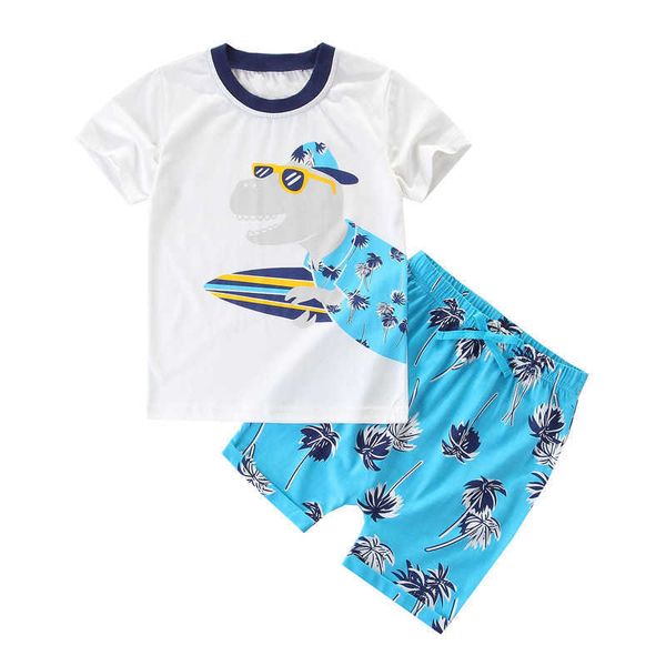 Atlama Metre Yaz Bebek Giyim Setleri Karikatür Dinozorlar Ile Baskı Moda Erkek Kız 2 Adet Set Çocuklar Suits 210529