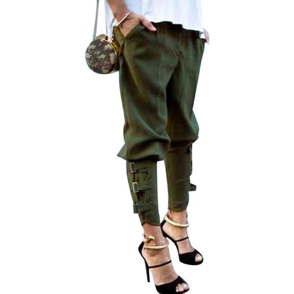 

women's pants & capris solid color buckle straps long harem casual women loose pocket trousers, Black;white