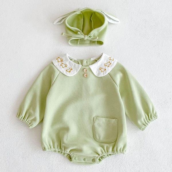 

rompers korean style toddler baby girl cotton long sleeve romper+hat spring autumn girls clothes infant jumpsuit, Blue