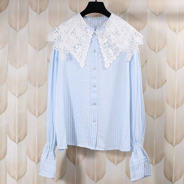 

shirt 2021 autumn stitching organza lace lapel loose striped 69y3, White