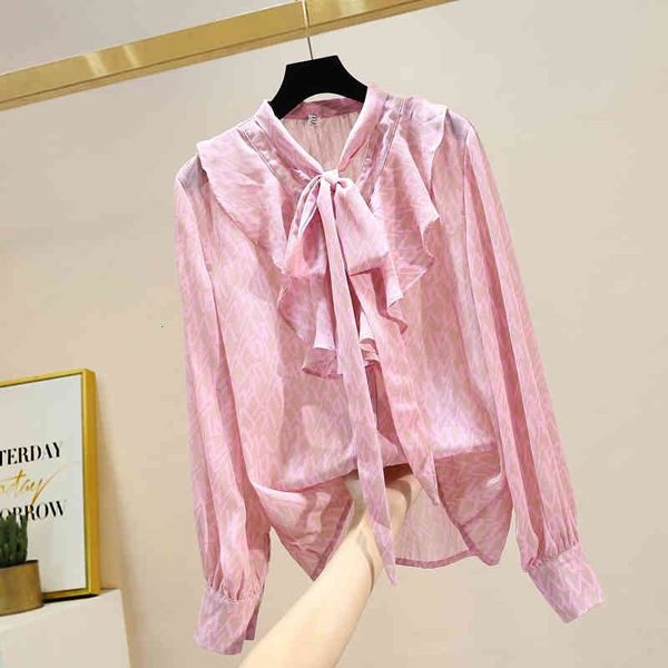

shirt thin sunscreen spring stylish pink women ruffles bow collar up blusas mujer y camisas, White