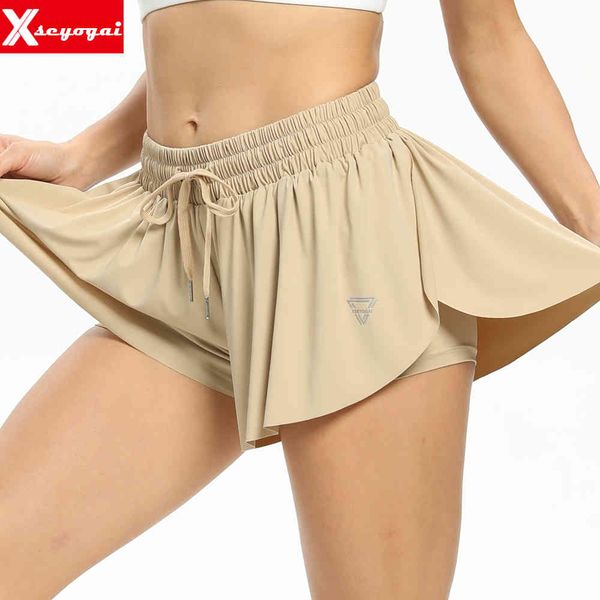 

women's high waist stretch athletic workout active fitness elastic 2 in 1 running double sports gym shorts leggings, White;black