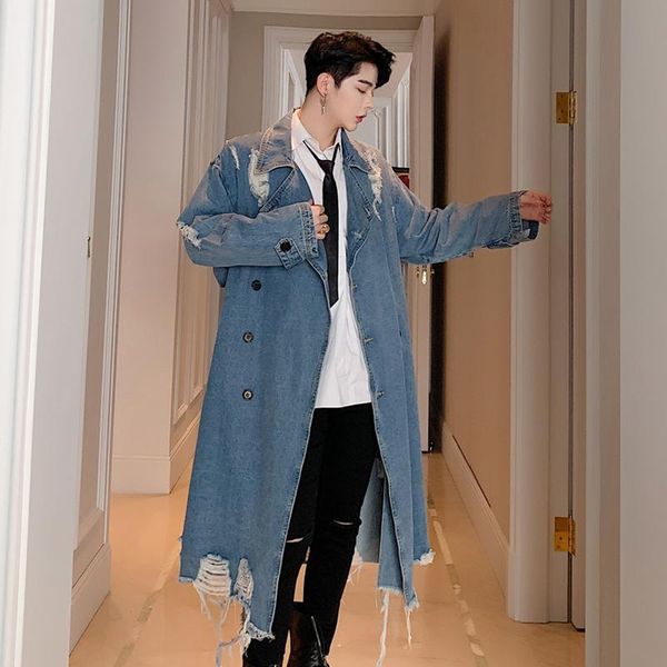 

men's trench coats dark department personality tattered do old men long loose denim coat, Tan;black