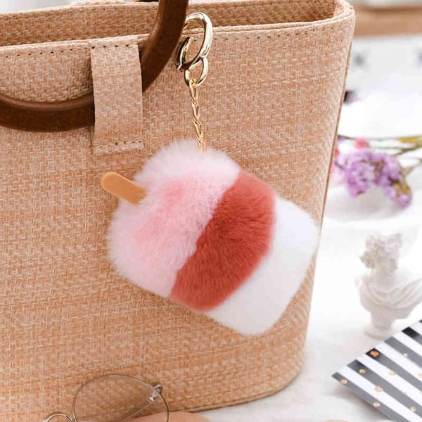 

candy color real rex rabbit keychain ice cream popsicle key ring pompom creative fur ball bag pendant, Silver