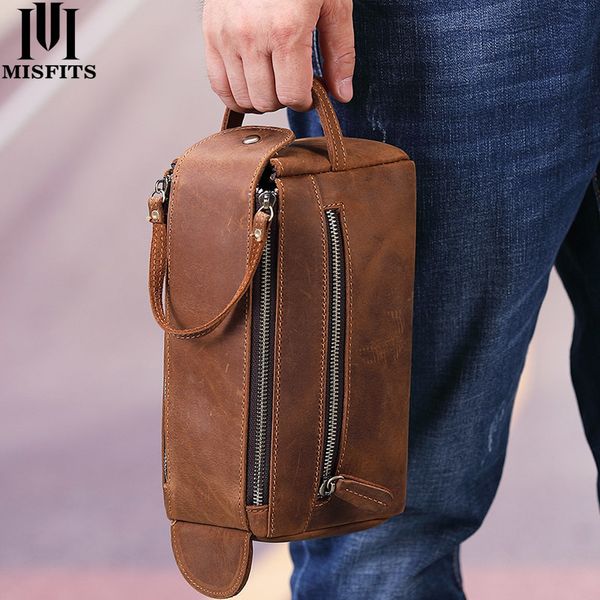 

misfits crazy horse genuine men wash casual travel cosmetic case vintage cow leather makeup hand toiletry bag