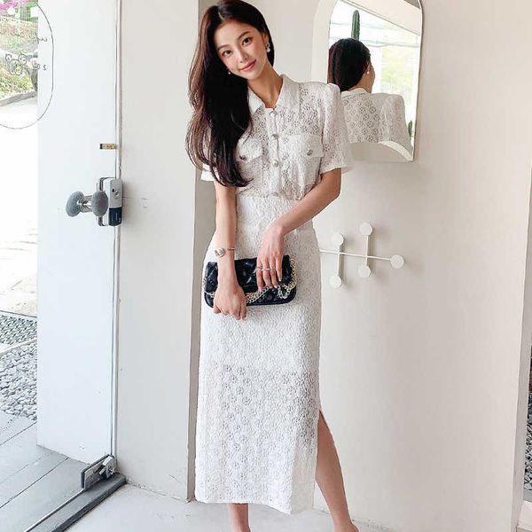 

2 piece suits women summer elegant button crop & high waist split skirt ol work korean 210529, White