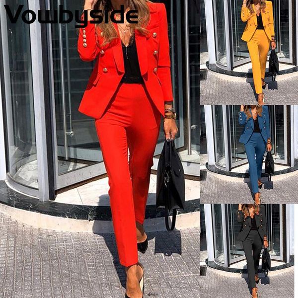 

women's two piece pants autumn and winter solid color double-breasted commuter women's suit long sleeved lapel blazer jacket casual, White
