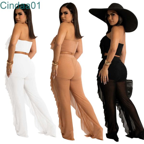 

summer two piece swimsuits new women's ruffle wrapped bra wide legged pants set casual beach suit, White;black