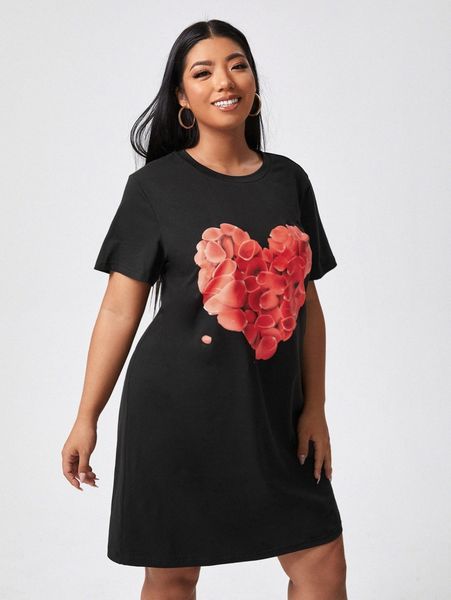 

plus heart print crew neck tee dress l7wb#, Black