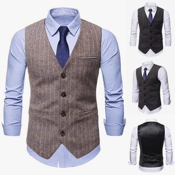 

men's vests casual stripe single breasted pocket sleeveless v-neck suit vest, Black;white