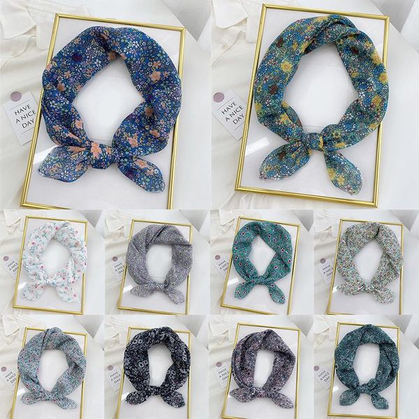 

scarves small fresh korean scarf cotton linen neck floral print head wrap for women female hijab fashion hairband headwear, Blue;gray