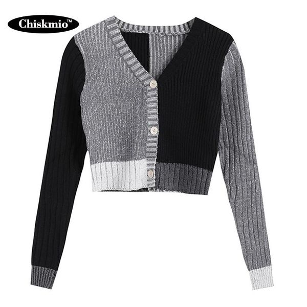 

women's knits & tees contrast patchwork sweater female clothing kintted v-neck long-sleeve cardigan ladies clothes cropped slim buttons, White