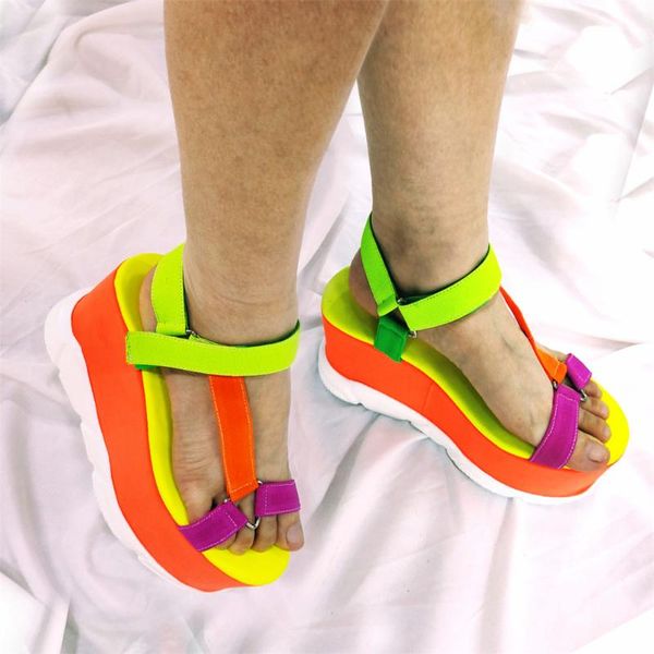 

dress shoes rainbow color open toe 2021 brand design multi fashion ins summer chunky platform sandals high heel wedges women, Black