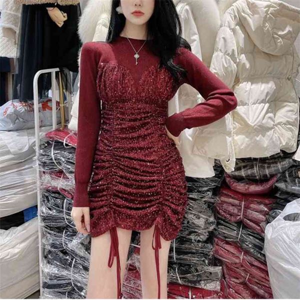 

sequins mini drawstring pleated party dress women design long sleeve o-neck high waist ruched club night 210603, Black;gray