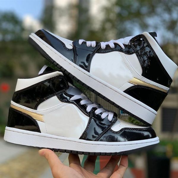 

jumpman 1 mid patent big size shoes black white metallic gold schoenen