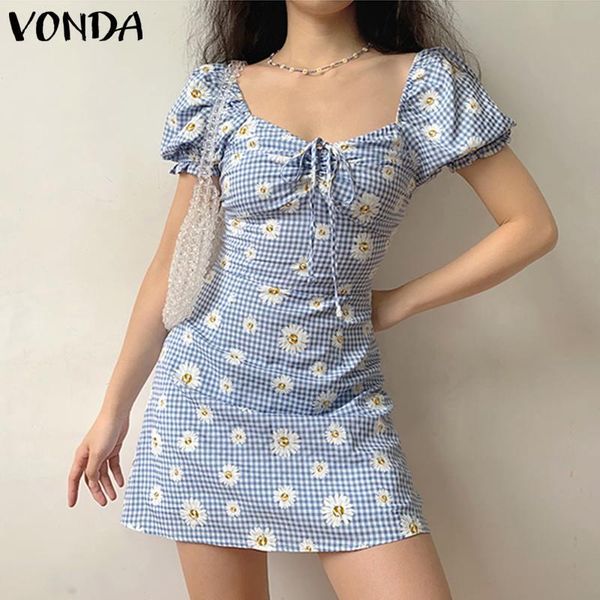 

summer sundress floral print bodycon mini dresses 2021 vonda bohemian square collar holiday party dress vestidos plus size casual, Black;gray