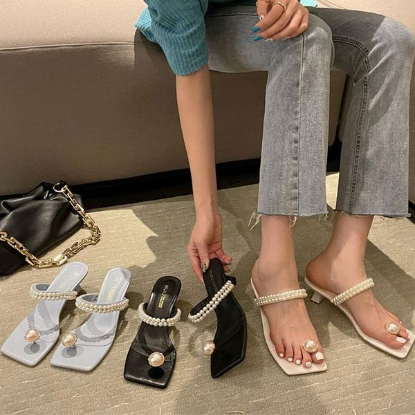 

slippers 2021 fashion string bead design women summer pearl flip flops low heel sandals square toe outdoor beach shoes woman, Black