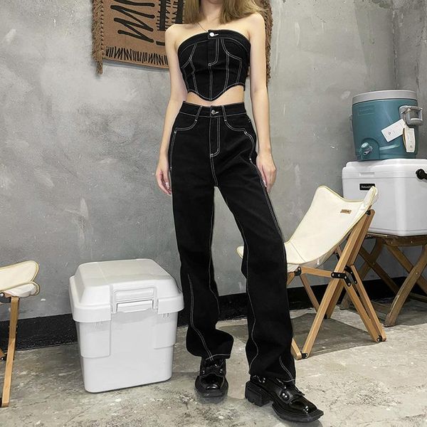 

women's pants & capris 2021 style autumn dress solid color slim one line neck wrap chest fashion high waist wide leg women, Black;white