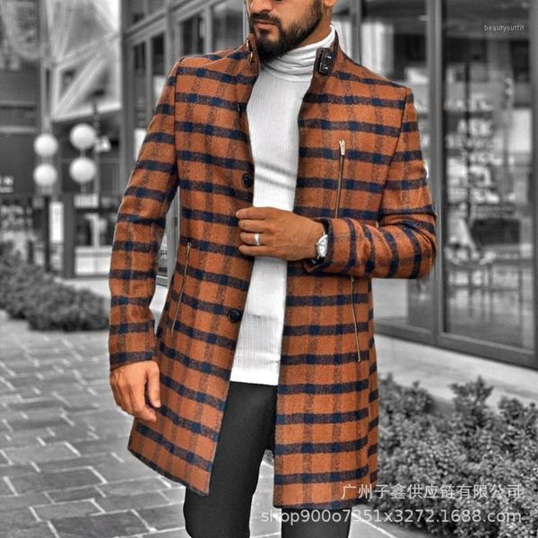 

men's trench coats woolen windbreaker coat plaid stand collar single breasted overcoat mens slim fit windbreak long outwear men winter, Tan;black