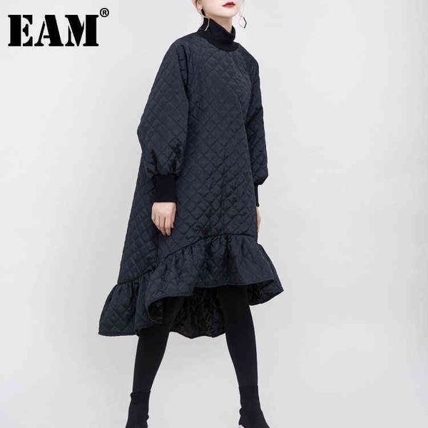 

[eam] women black cotton-padded ruffles dress new round neck long sleeve loose fit fashion tide autumn winter 2022 1m9310 g1214, Black;gray