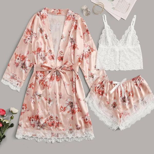 

women's sleepwear womens 3pcs pajamas set v-neck nighties wear home negligee nightwear lingerie pijama spring nighty robe gown suit, Black;red