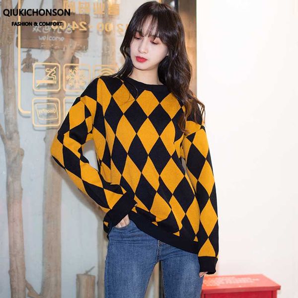 

vintage contrast color argyle sweater woman autumn winter knitted loose pullover ladies jumpers women's sweaters, White;black