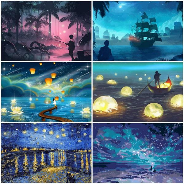 

paintings azqsd oil painting by numbers night landscape handpainted gift diy coloring river acrylic paint wall art kits
