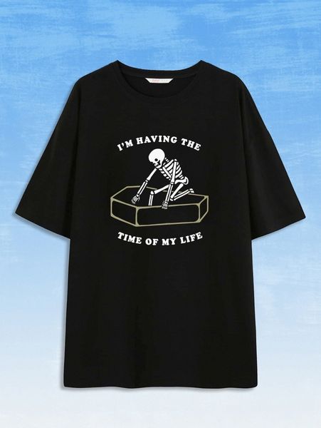

romwe x catsneeze slogan skull graphic drop shoulder tee o12b#, White