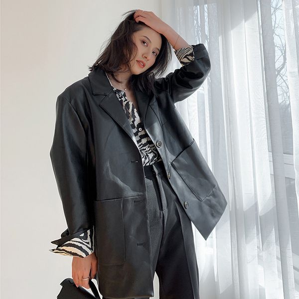 

inline mode plutonium women's leather spring jacket streetwear, Black