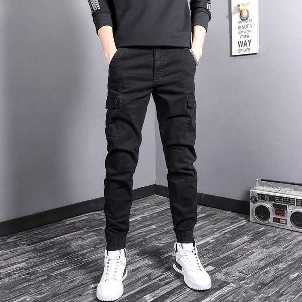 

men's jeans korean style fashion slim fit multi pockets casual cargo pants streetwear hip hop joggers ankle banded trousers gwoh, Blue