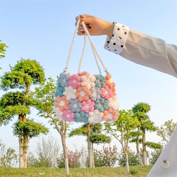 

handmade woven woolen crochet bag with puff flowers women 2021 creative diy gift chrysanthemum messenger crossby packs waist bags