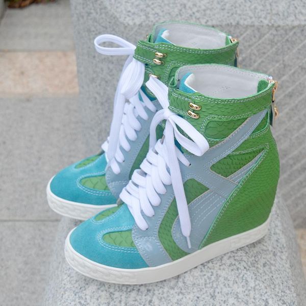 

boots real pos woman blue green inner wedge sneakers lace up, Black