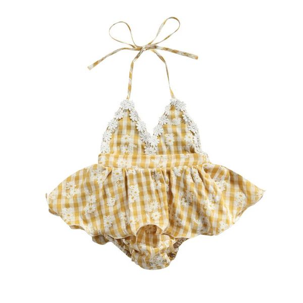 

girl's dresses baby girls sleeveless halter romper backless plaid floral print bodysuit tutu dress, Red;yellow
