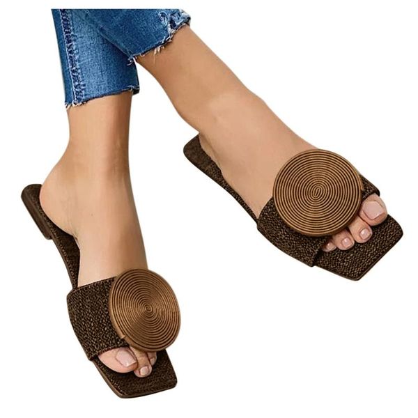 

slippers women's summer slip-on square toe flip flop flat heel sandals beach open breathable shoes, Black