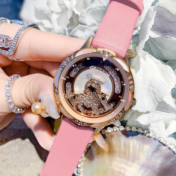 

wristwatches revolving dial women watches charm rotate horse dress watch leather strap ladies quartz wristwatch waterproof drop, Slivery;brown