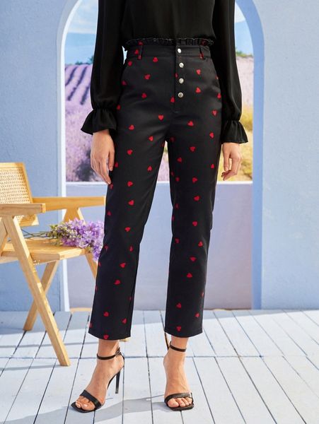 

paperbag waist heart print pants 82bk#, Black;white