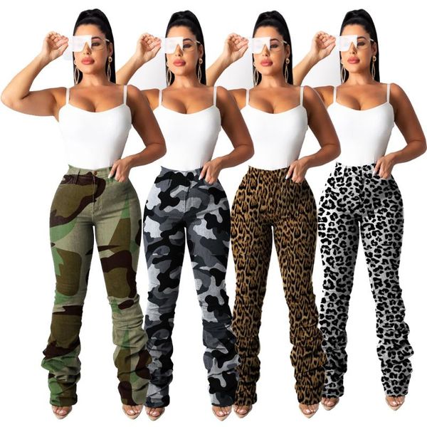 

women's jeans leopard print women fashion camouflage long pants ruched ripped high waisted skinny denim outfit trousers, Blue