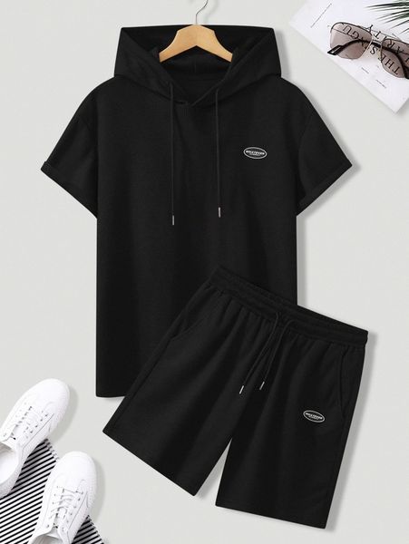 

men slogan patch detail drawstring hooded tee & shorts q5xf#, Gray
