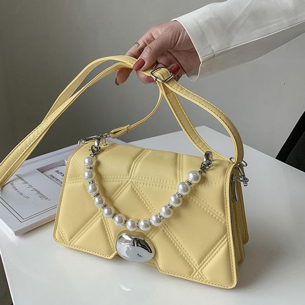 

evening bags women yellow blue white shoulder bag crossbody pearl chain clutch plaid handbag sac a main leather small messenger flap