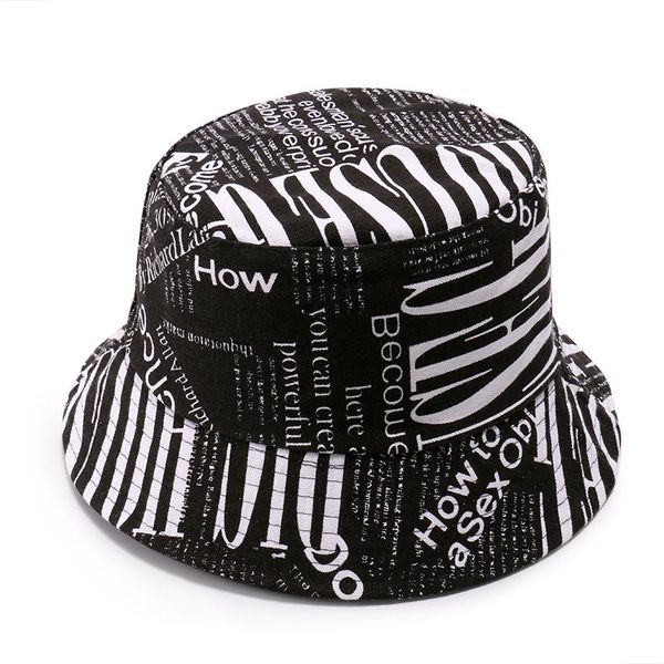 

wide brim hats autumn fashion black white letter spaper pattern bucket woman lady fisherman caps, Blue;gray
