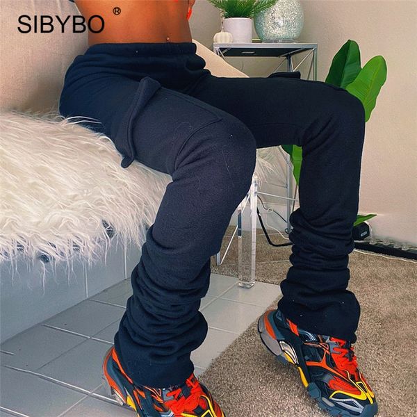 

sibybo fleece stacked sweatpants winter pants women high waist pocket streetwear casual trousers joggers pantalon sport femme, Black;white